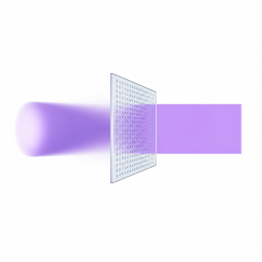 Figure 1. Turning a spotlight-like ultraviolet laser into an even square beam with the same footprint using a single flat surface