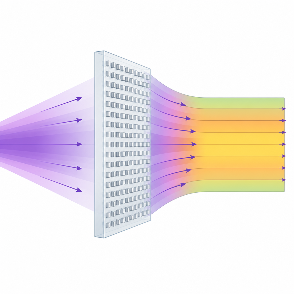 Figure 2. Microscopic pillars on a flat plate redirect ultraviolet light so energy spreads evenly across a square beam without widening it