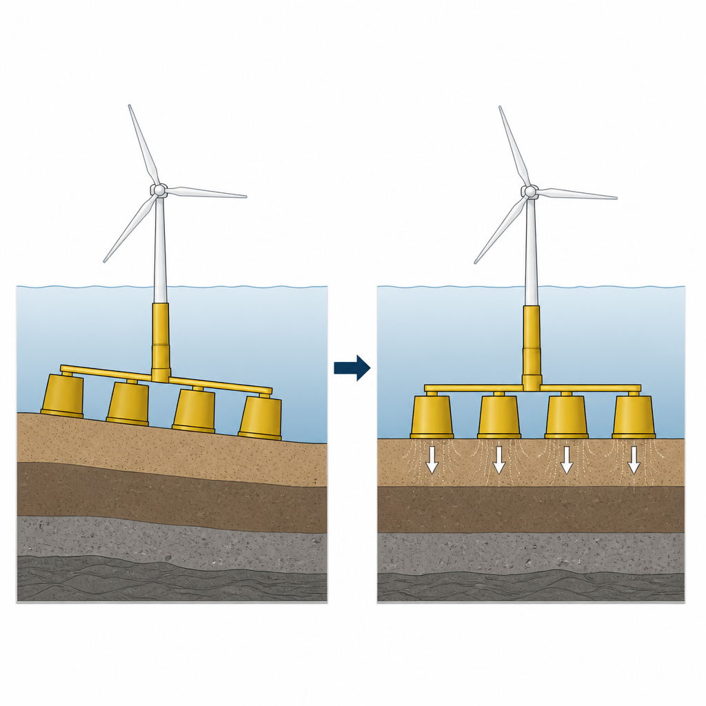 Figure 1. Jak sklastrowane fundamenty kubełkowe dla farm wiatrowych na morzu można bezpiecznie wyrównywać w miękkich osadach dennych przy użyciu ssania i symulacji.