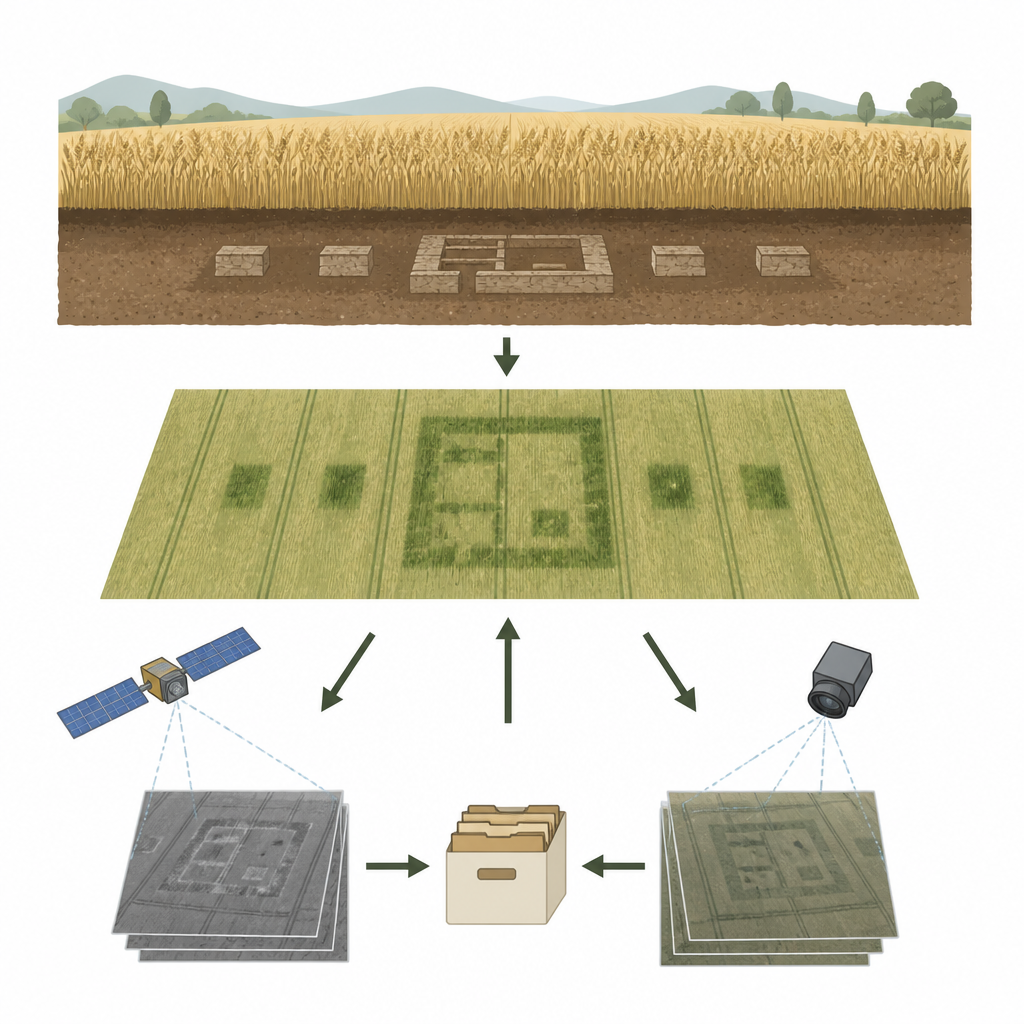 Figure 1. Het gebruik van gewasgroeipatronen en lichtreflecties om verborgen archeologische resten in akkers en oude beelden te onthullen.