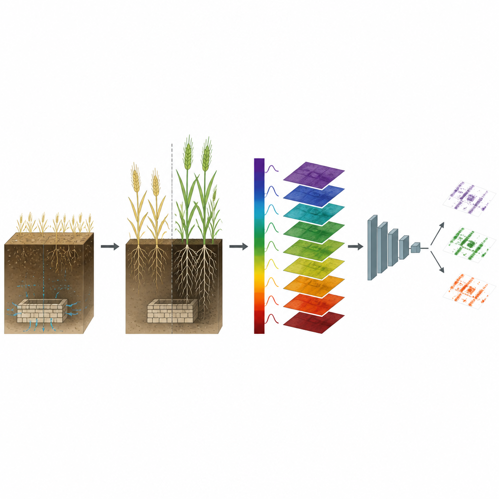 Figure 2. Hoe ondergrondse structuren bodem en plantengroei veranderen, waardoor het gereflecteerde licht verandert dat machine learning gebruikt om cropmarks te herkennen.