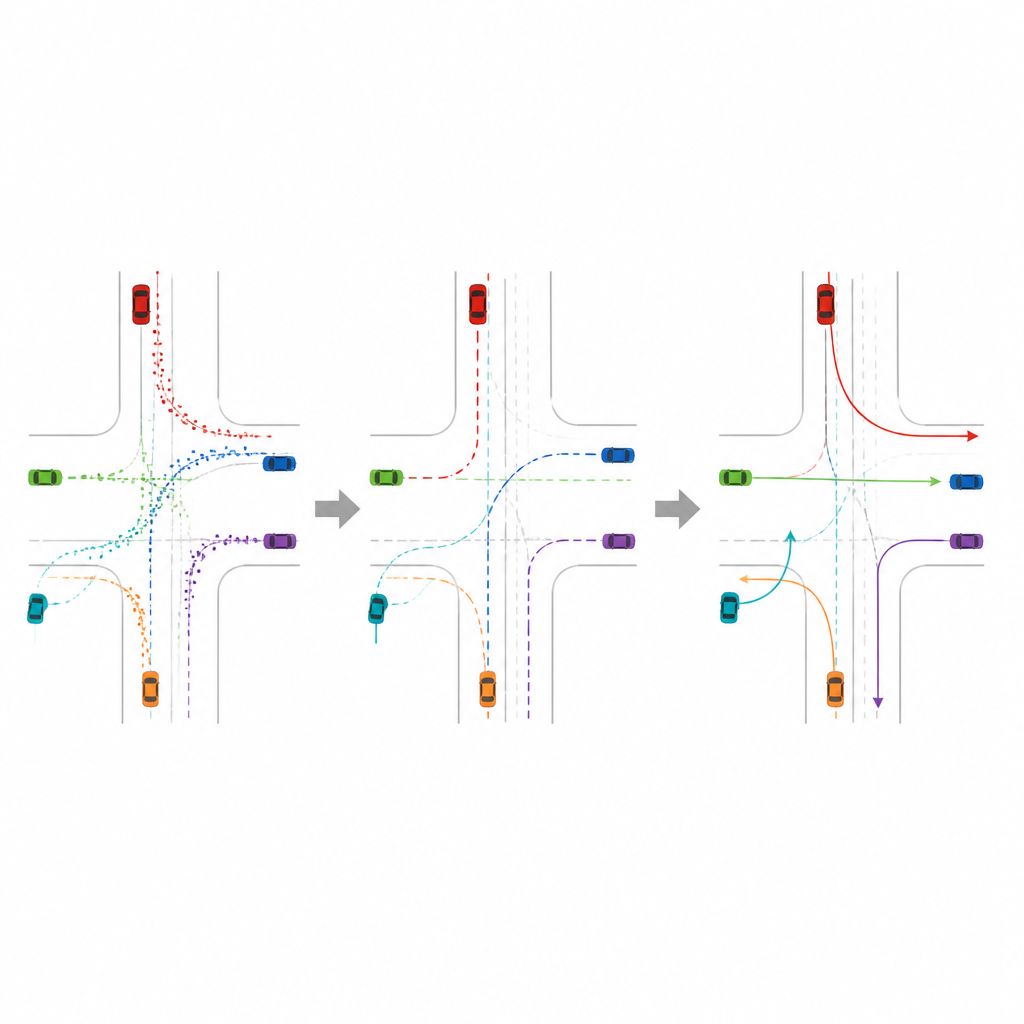 Figure 1. Wie ein Fahrzeug die Wege anderer allein aus beobachteter Bewegung statt aus detaillierten Straßenkarten vorhersagen kann