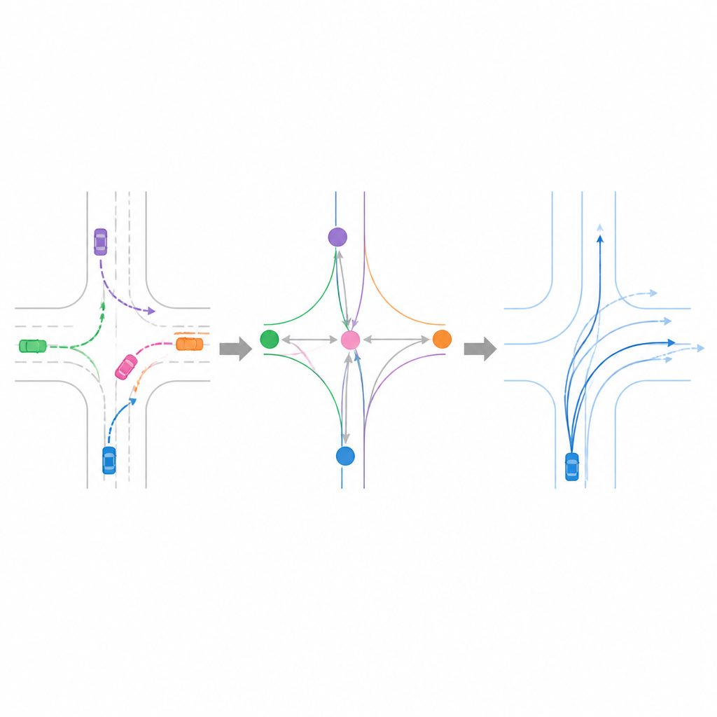 Figure 2. Wie virtuelle Fahrspuren und Fahrzeugwechselwirkungen kombiniert werden, um mehrere wahrscheinliche Zukunftspfade für ein Fahrzeug zu erzeugen