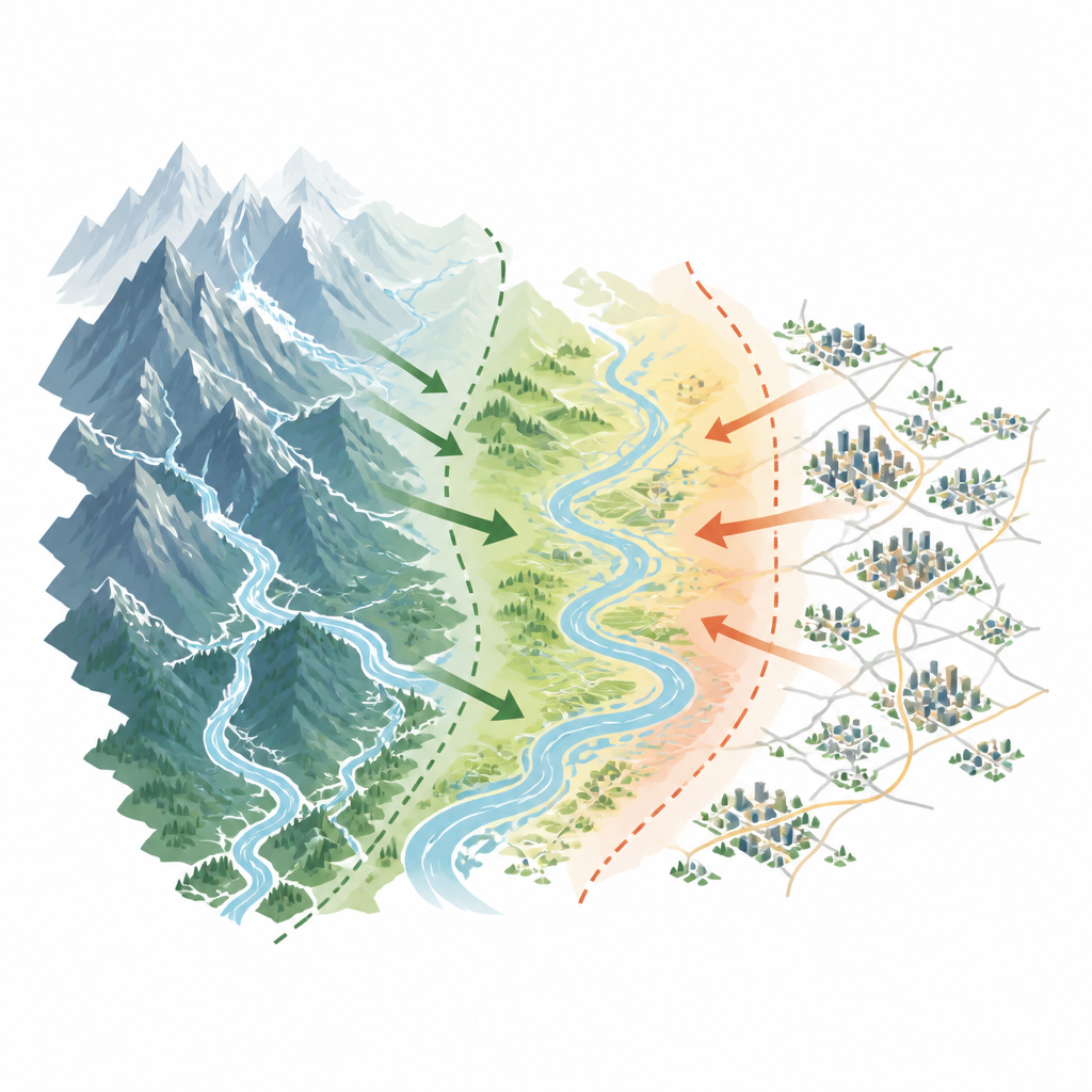 Figure 1. Come montagne, fiumi e centri abitati nel Sichuan–Yunnan interagiscono per modellare il rischio ambientale regionale e la sicurezza.