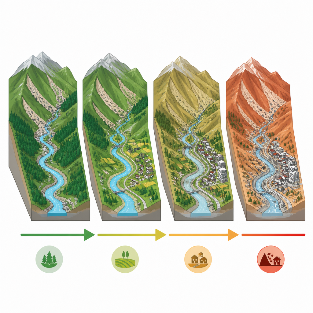 Figure 2. Come l’aumento dell’attività umana nelle valli fluviali ripide modifica passo dopo passo il rischio di frane e la salute degli ecosistemi.