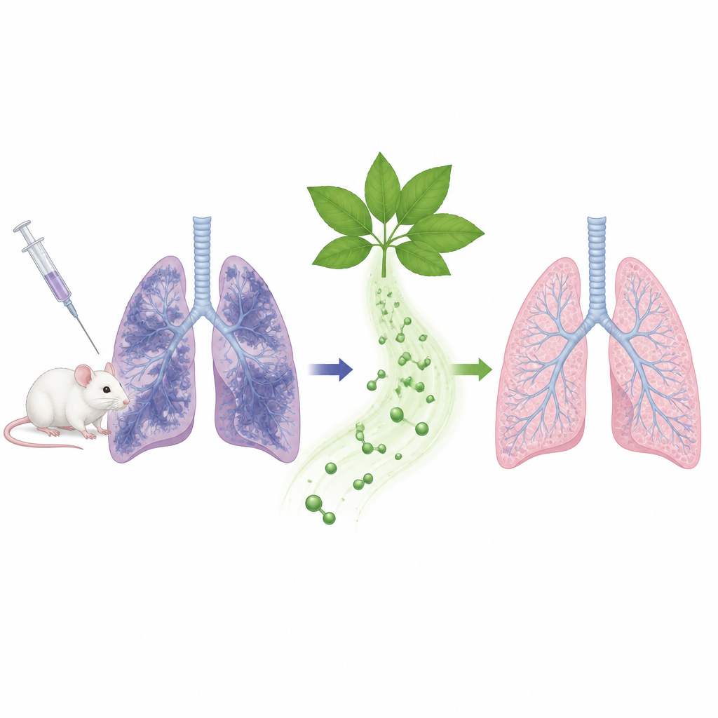 Figure 1. Een uit kruiden afgeleid bestanddeel helpt muizenlongen te beschermen tegen door medicijnen veroorzaakte littekenvorming en verbetert de ademhaling.