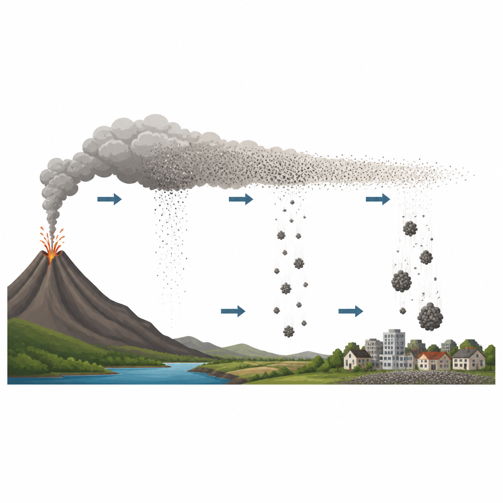 Figure 1. Hoe as van kleine uitbarstingen op Sakurajima in de lucht samenklontert en naar nabijgelegen land en gemeenschappen valt.