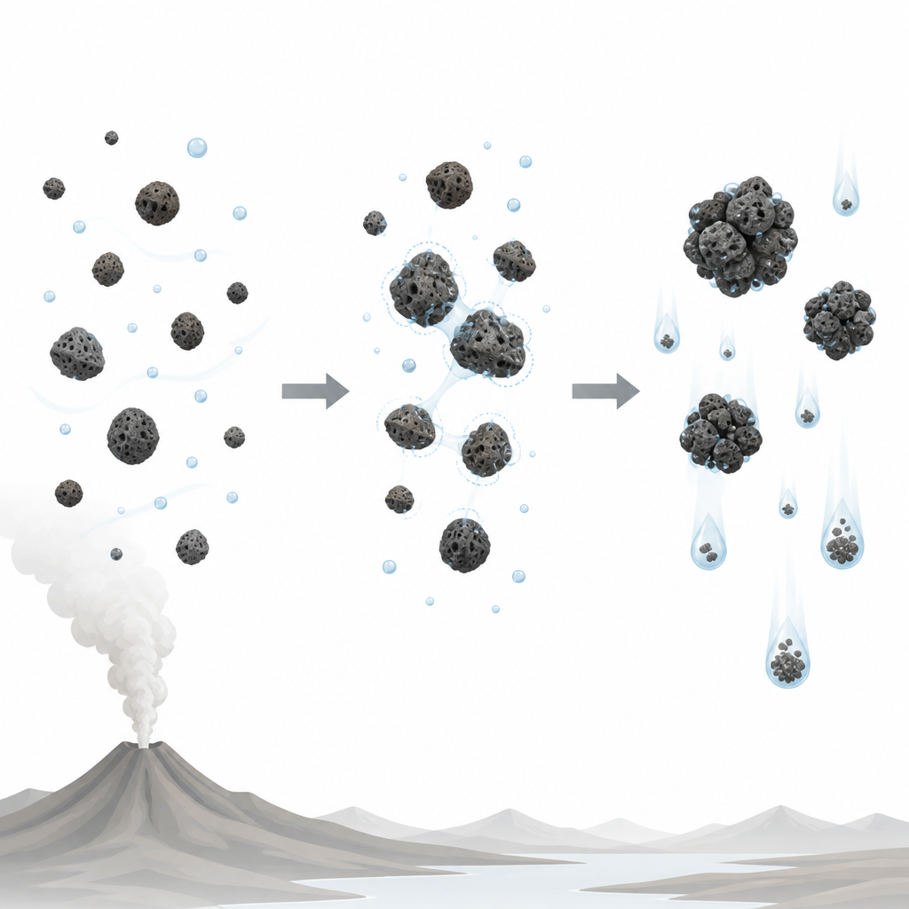 Figure 2. Stap-voor-stap weergave van asdeeltjes die botsen, door lading of water aan elkaar kleven en grotere, sneller vallende klonten en natte pellets vormen.