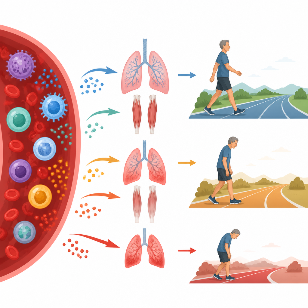 Figure 2. How immune and inflammatory changes in blood connect to lung function, leg muscles, and shorter walking distance
