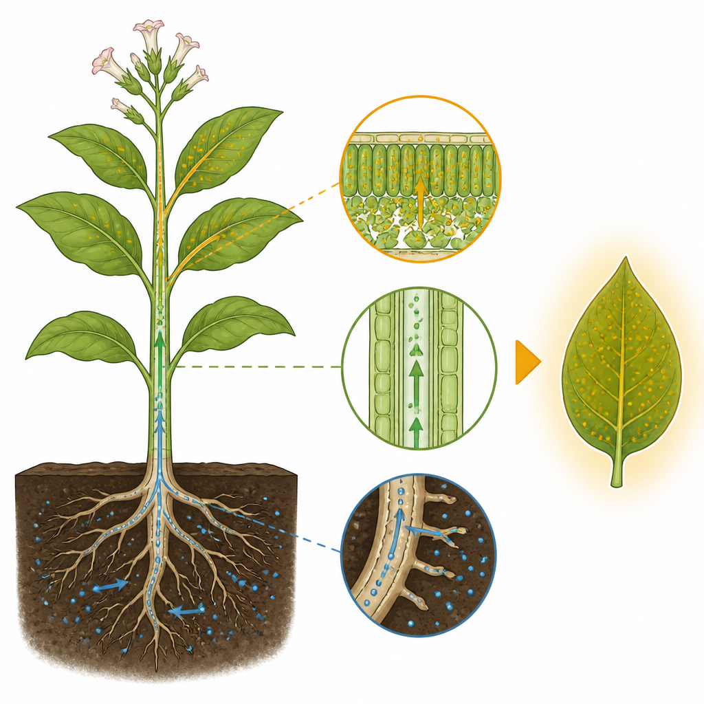 Figure 1. Hoe het wijzigen van één tabaksgen nicotine verplaatst van wortels naar bladeren langs de interne transportweg van de plant.