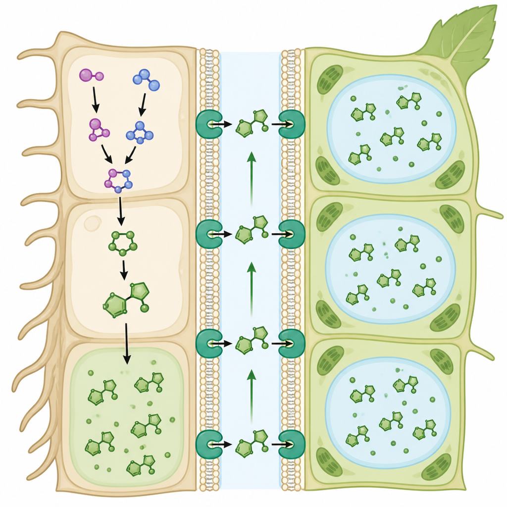 Figure 2. Stapsgewijze weergave van nicotine die in wortels wordt gemaakt, via transporters wordt verplaatst en na de genverandering in bladcellen wordt opgeslagen.