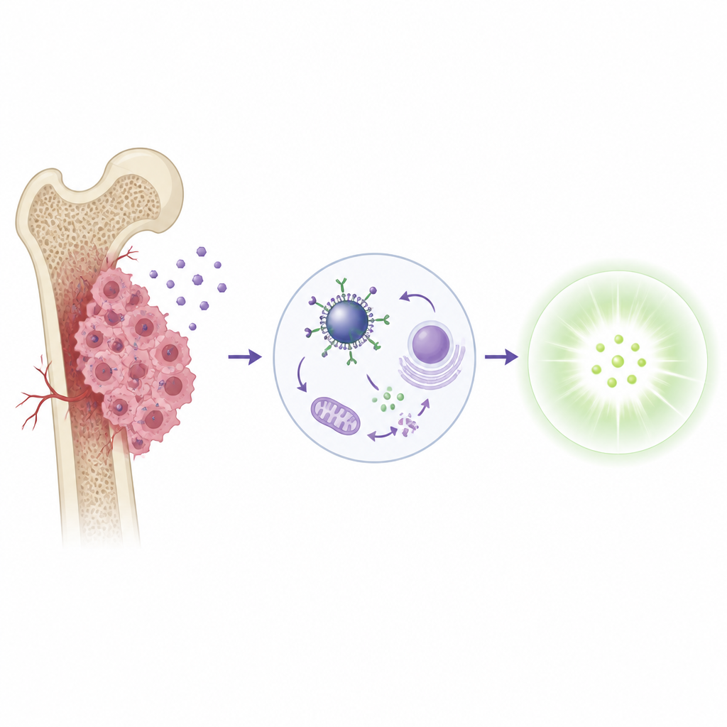 Figure 1. Tiny light-switching particles reveal how bone cancer cells respond to chemotherapy in a simple before-and-after test.