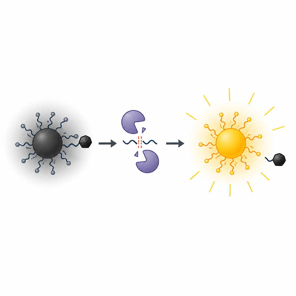 Figure 2. Enzymes in dying cells cut a nanoscale tether, separating a quencher and turning a dark particle into a bright fluorescent signal.