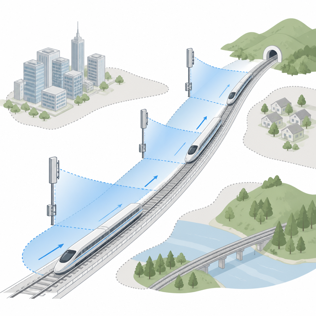 Figure 1. Hoe nieuwe 5G-antennepanelen gerichte draadloze dekking langs spoorlijnen vormen in uiteenlopende landschappen.
