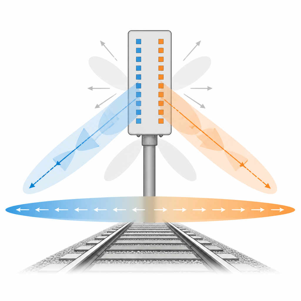 Figure 2. Hoe een rij dubbelgepolariseerde antenne-elementen samen een smalle waaierbundel vormt die het treinspoor volgt.
