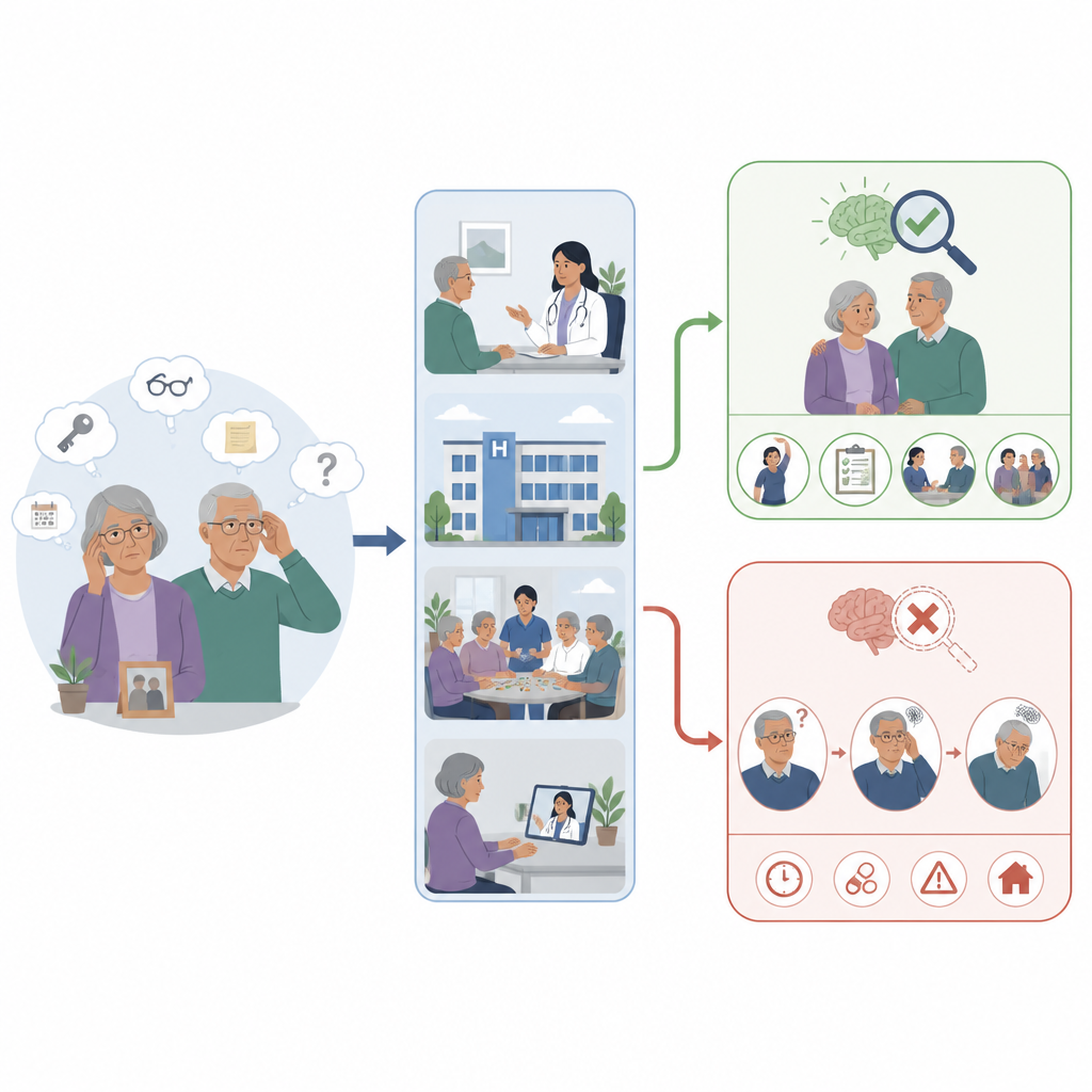 Figure 2. Schritt für Schritt, wie leichte Gedächtnisprobleme bei Arztbesuchen entweder zu einer rechtzeitigen Demenzdiagnose oder zu verzögerter Erkennung führen.