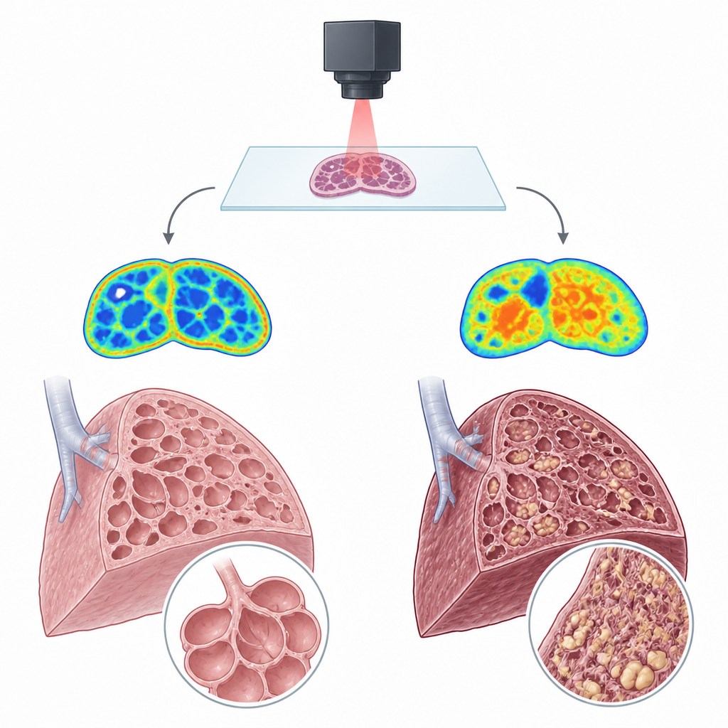 Figure 1. La luz infrarroja cartografía cambios químicos que distinguen a simple vista pulmones fibróticos con cicatrización de pulmones sanos.