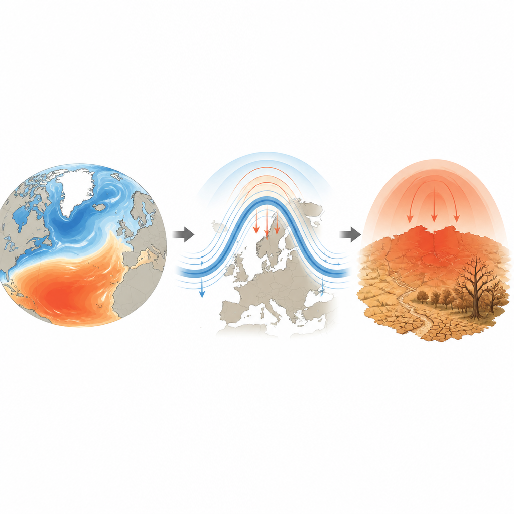 Figure 2. I pattern oceanici e i venti bloccati si combinano per intrappolare un intenso calore estivo sull’Europa centrale e seccare il suolo.