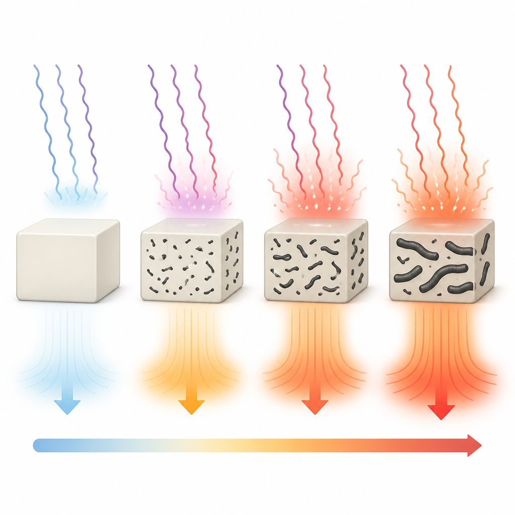 Figure 1. Come l’aggiunta di diverse particelle di grafite nella plastica modifica il flusso di calore e la risposta alle microonde.