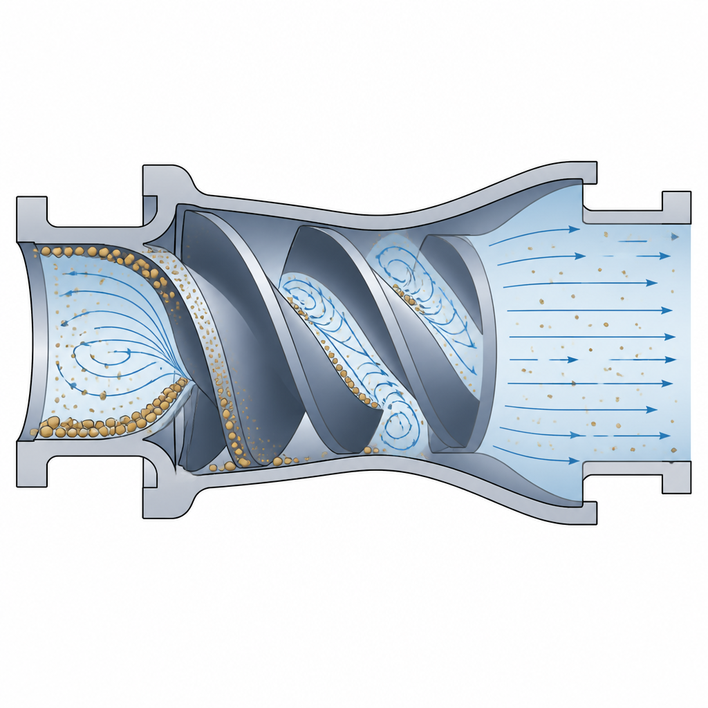 Figure 2. Come i granelli di sabbia di diverse dimensioni vorticano, aderiscono o escono mentre attraversano le pale e il diffusore interni alla pompa.