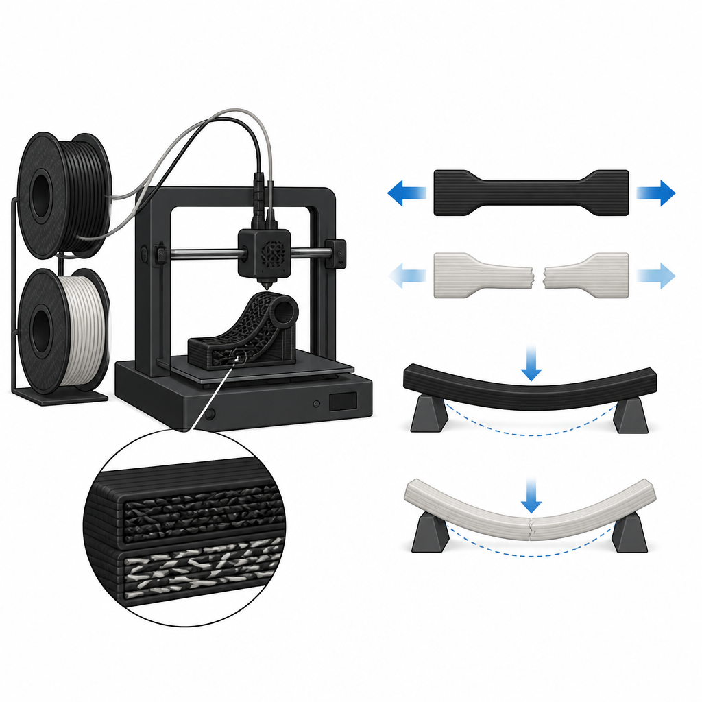 Figure 1. Como ajustes da impressora 3D e o tipo de fibra transformam o plástico Onyx em peças compósitas mais resistentes ou mais flexíveis.