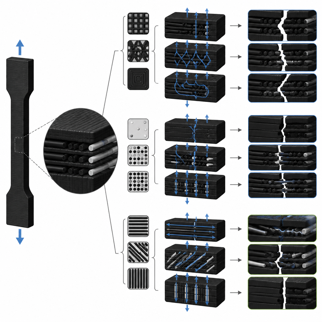 Figure 2. Como a direção da fibra, a quantidade e o padrão de preenchimento dentro de um compósito Onyx controlam o aparecimento de trincas e o comportamento à flexão.