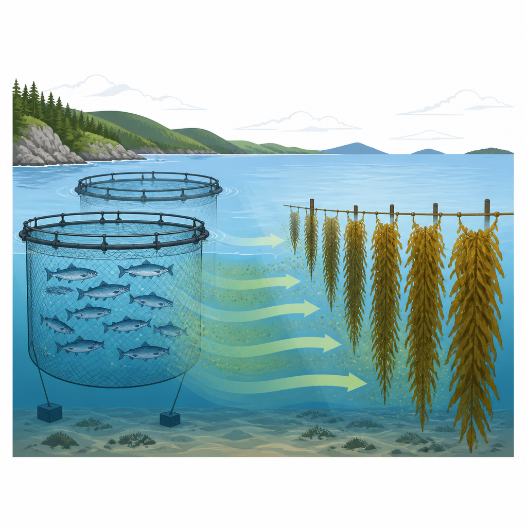 Figure 1. Come i rifiuti dalle gabbie di salmone possono spostarsi nella baia e nutrire file di kelp vicini, trasformando l’inquinamento in risorsa.