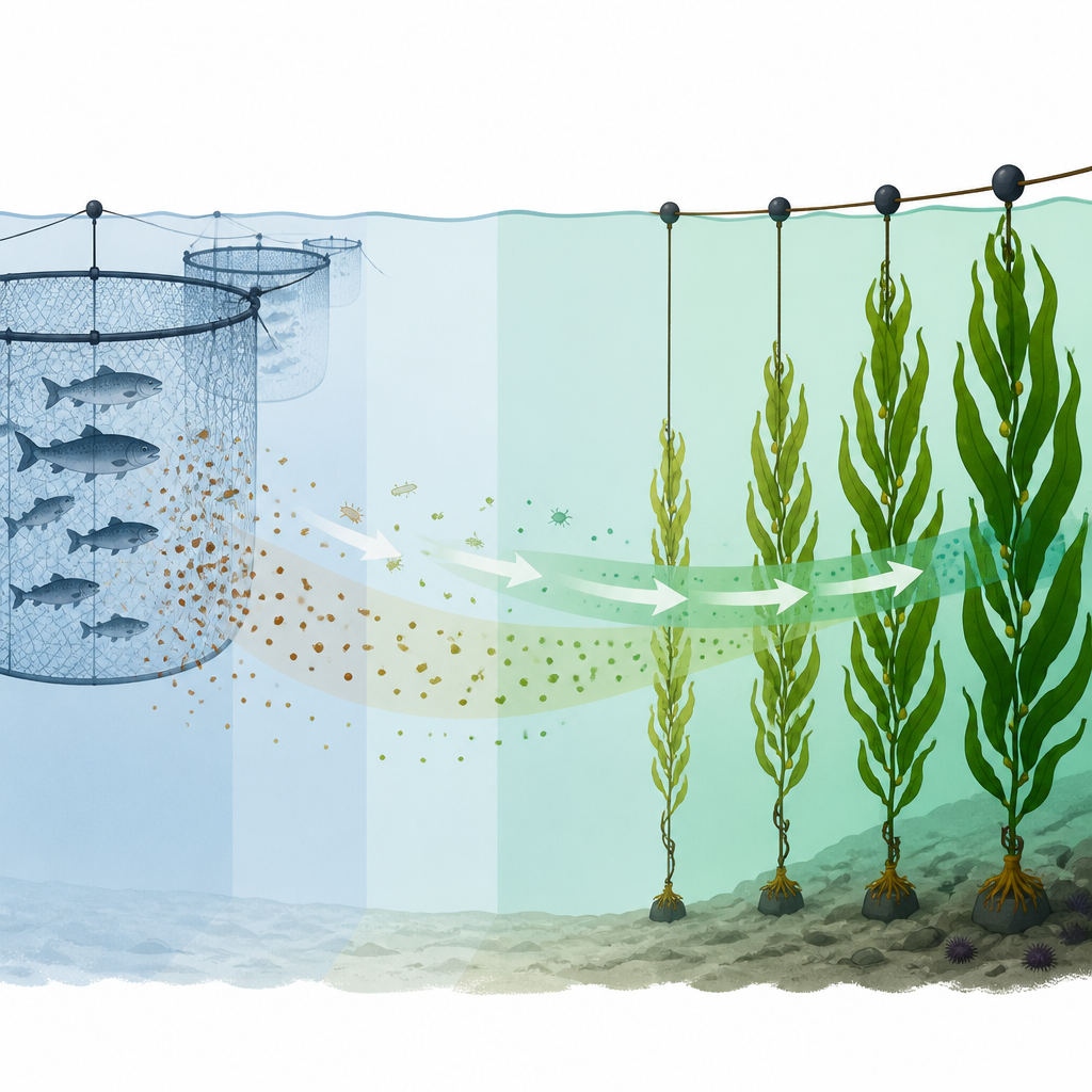 Figure 2. Percorso graduale dei rifiuti ittici che si decompongono in nutrienti che scorrono nell’acqua e vengono assorbiti dalle lame del kelp.
