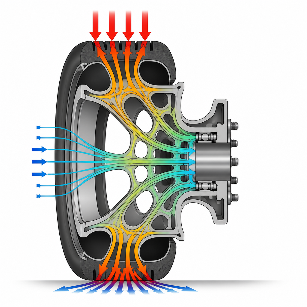 Figure 2. Wie sich Kräfte während extremer vertikaler und seitlicher Belastung durch die optimierte Radstruktur verteilen.