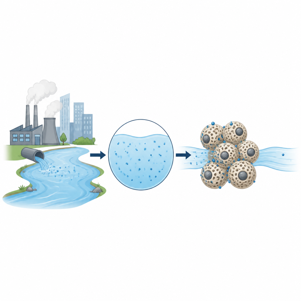 Figure 1. Magnetische poreuze korrels vangen blauwdye uit vervuild water en worden met een simpele magneet verwijderd voor schoner water.