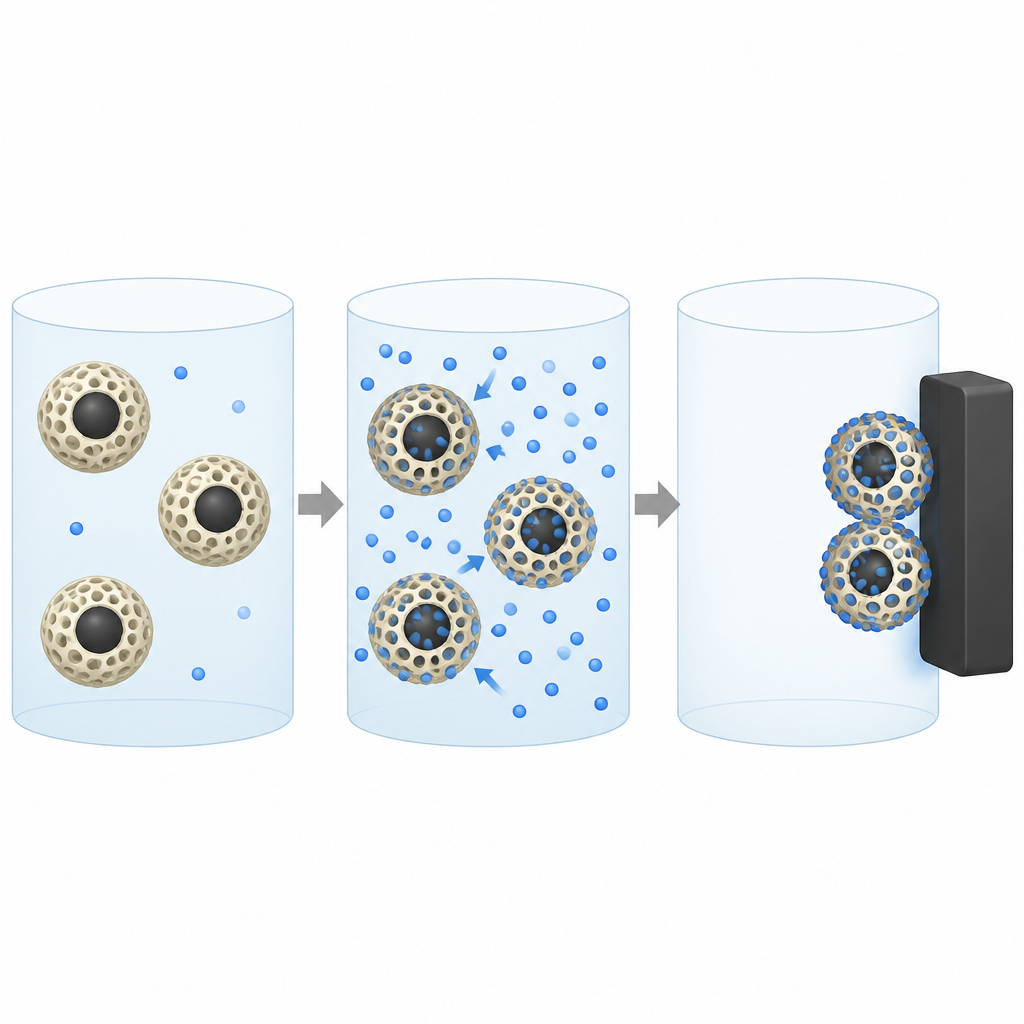 Figure 2. Poreuze magnetische korrels grijpen kleurstofmoleculen uit water en klonteren daarna rond een magneet, waardoor het omringende water helder blijft.