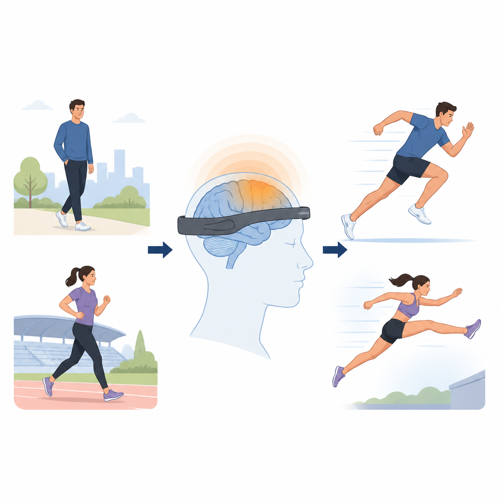 Figure 1. Come una stimolazione cerebrale lieve con un semplice casco può temporaneamente potenziare forza e potenza atletica.