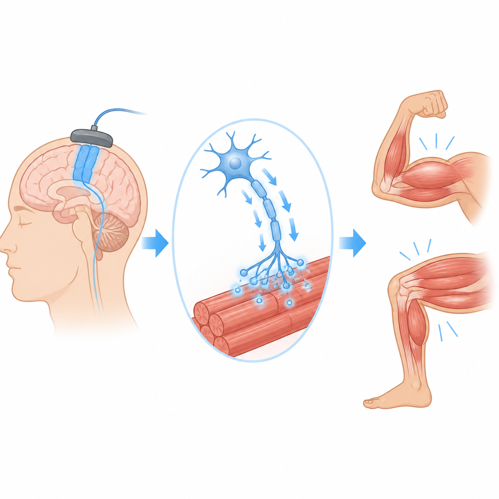 Figure 2. Come una piccola corrente sull’area motoria del cervello rafforza i segnali nervosi verso i muscoli e aumenta la produzione di forza.