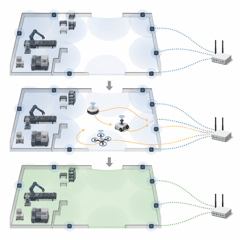 Figure 1. Mobiele robots en vaste sensoren werken samen om het draadloze monitoringsnetwerk van een fabriek vollediger en betrouwbaarder te houden.
