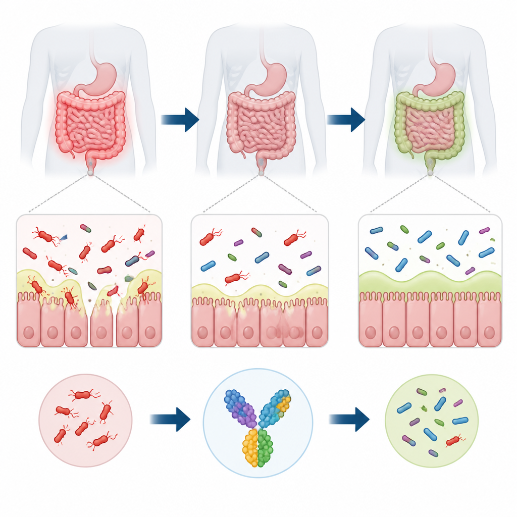 Figure 1. Hoe een ontworpen vaccin de darm zou kunnen beschermen tegen een slijmeterende bacterie die in verband wordt gebracht met darmziekten.