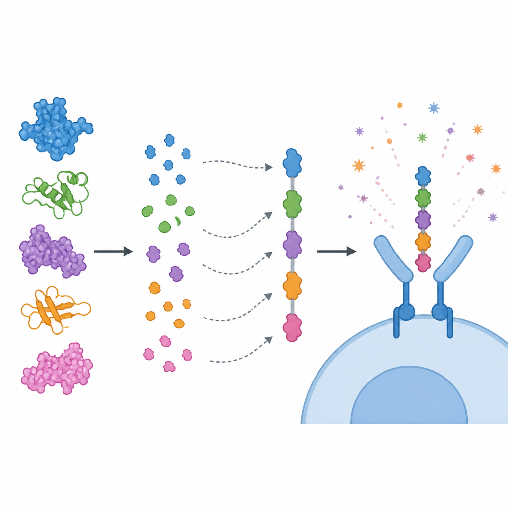 Figure 2. Hoe eiwitfragmenten van een darmbacterie worden geselecteerd, gekoppeld en herkend door immuunsensoren in een multi-epitoopvaccin.