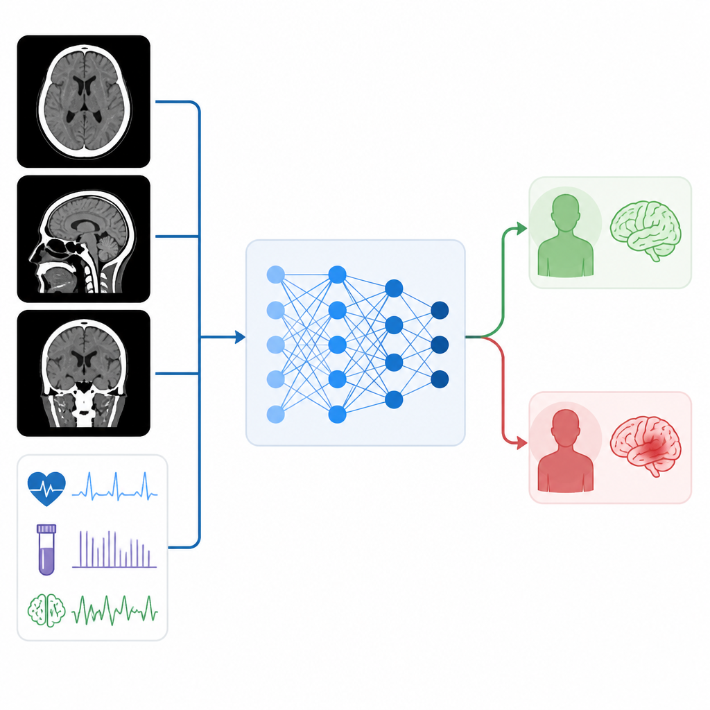 Figure 2. KI verbindet CT-Bilder und Bettseitendaten, um Patienten in wahrscheinlich gute oder schlechte neurologische Verlaufspfade einzuordnen.