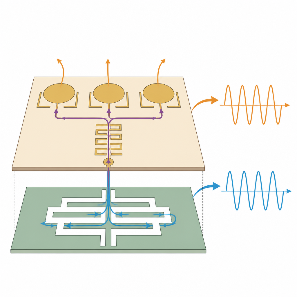 Figure 2. Makroaufnahme geschichteter Antennenteile, die Signale in zwei gleichmäßige, ausgeglichene Ausgangsbänder leiten.