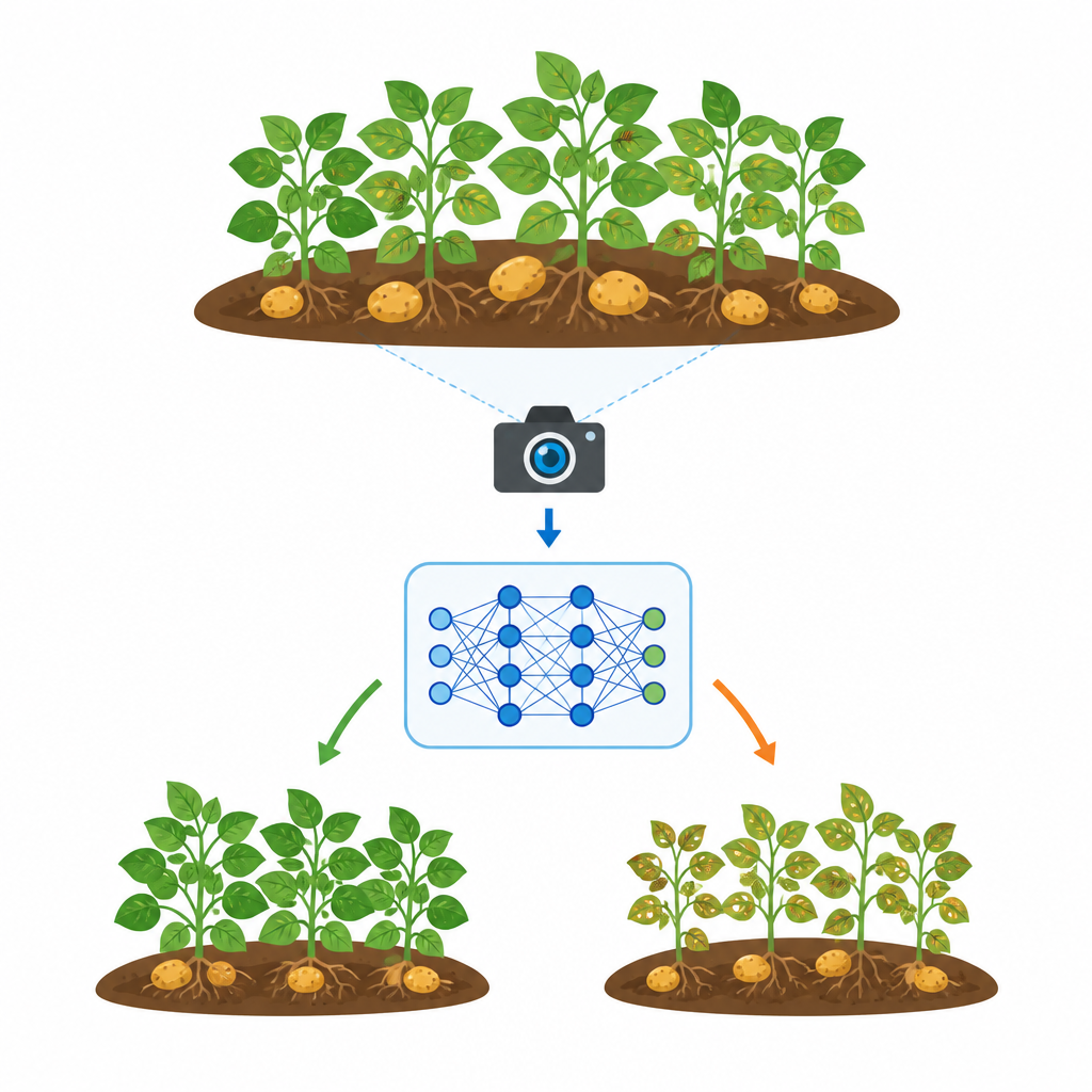 Figure 1. Smart cameras watch potato fields to spot leaf diseases and beetles early for targeted farm action.