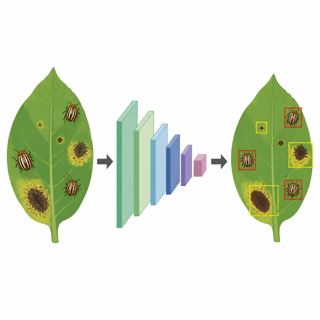 Figure 2. Step by step view of how AI turns potato leaf images into highlighted disease spots and beetle locations.