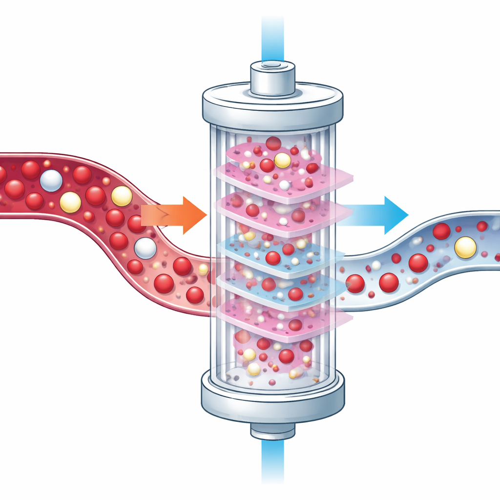 Figure 2. Blood cells passing through a dialysis filter and coming out fewer and altered