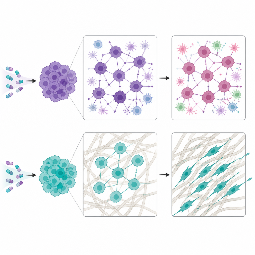Figure 2. Diversi tipi di cellule del melanoma riorganizzano i loro segnali interni in modi differenti per sfuggire alla stessa coppia di farmaci.