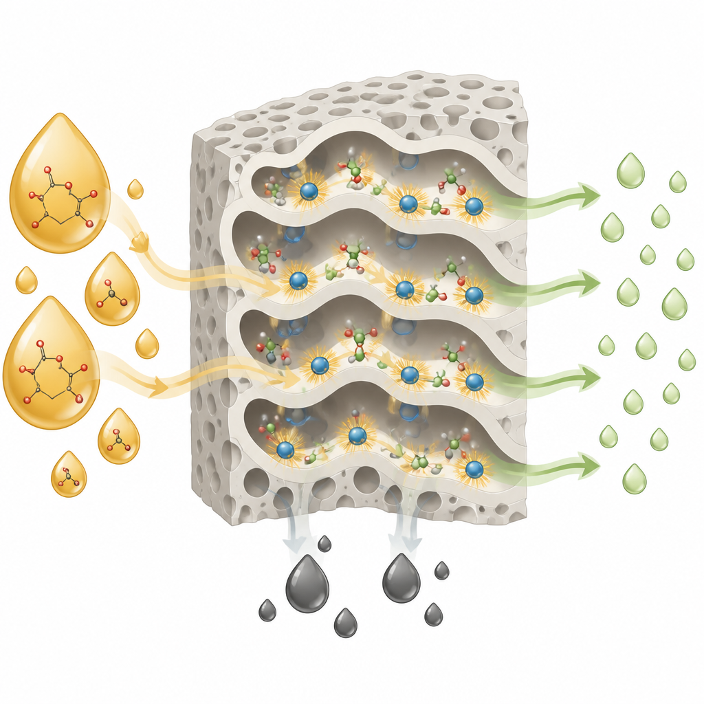 Figure 2. Wie ein poröser, kupferhaltiger Feststoffkatalysator schwere Abfallöle in kleinere Biodieselmoleküle umwandelt.