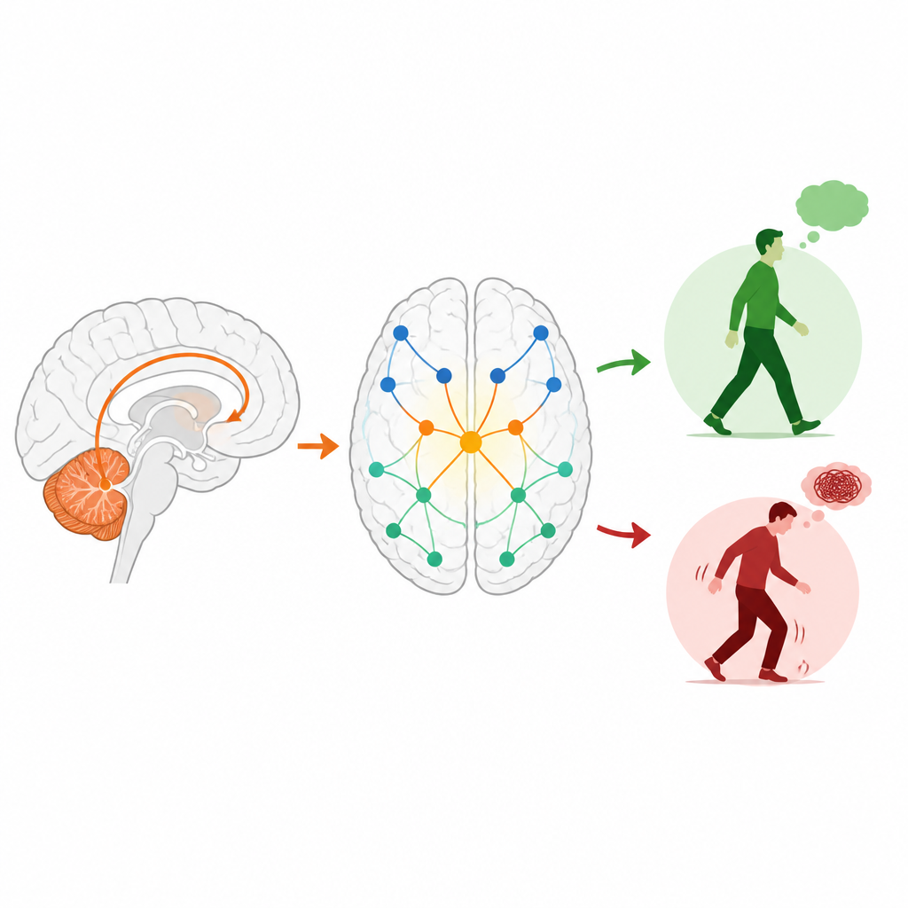 Figure 1. Come le alterazioni dell’hub cerebellare possono modellare il movimento e il pensiero nella malattia di Parkinson.