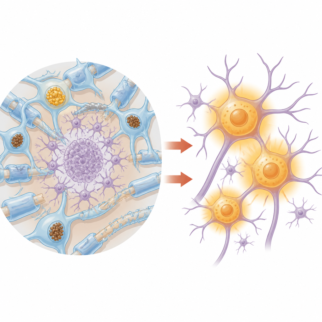 Figure 2. Come l’accumulo proteico nelle cellule di supporto e l’assottigliamento della mielina possono sovraccaricare i neuroni cerebellari nel Parkinson.
