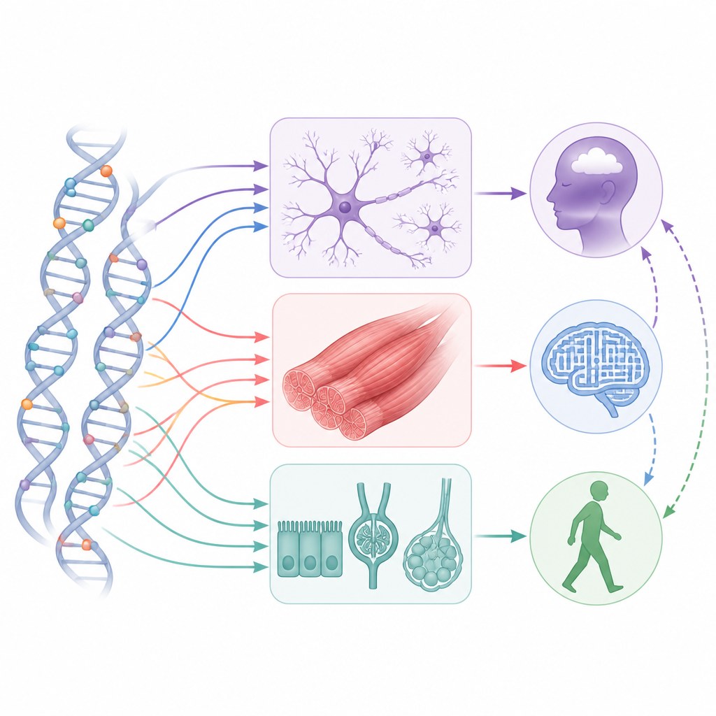Figure 2. Birçok küçük DNA değişikliğinin beyin hücreleri, kaslar ve organlar aracılığıyla kritik hastalık sonrası uzun vadeli iyileşmeyi nasıl şekillendirdiği