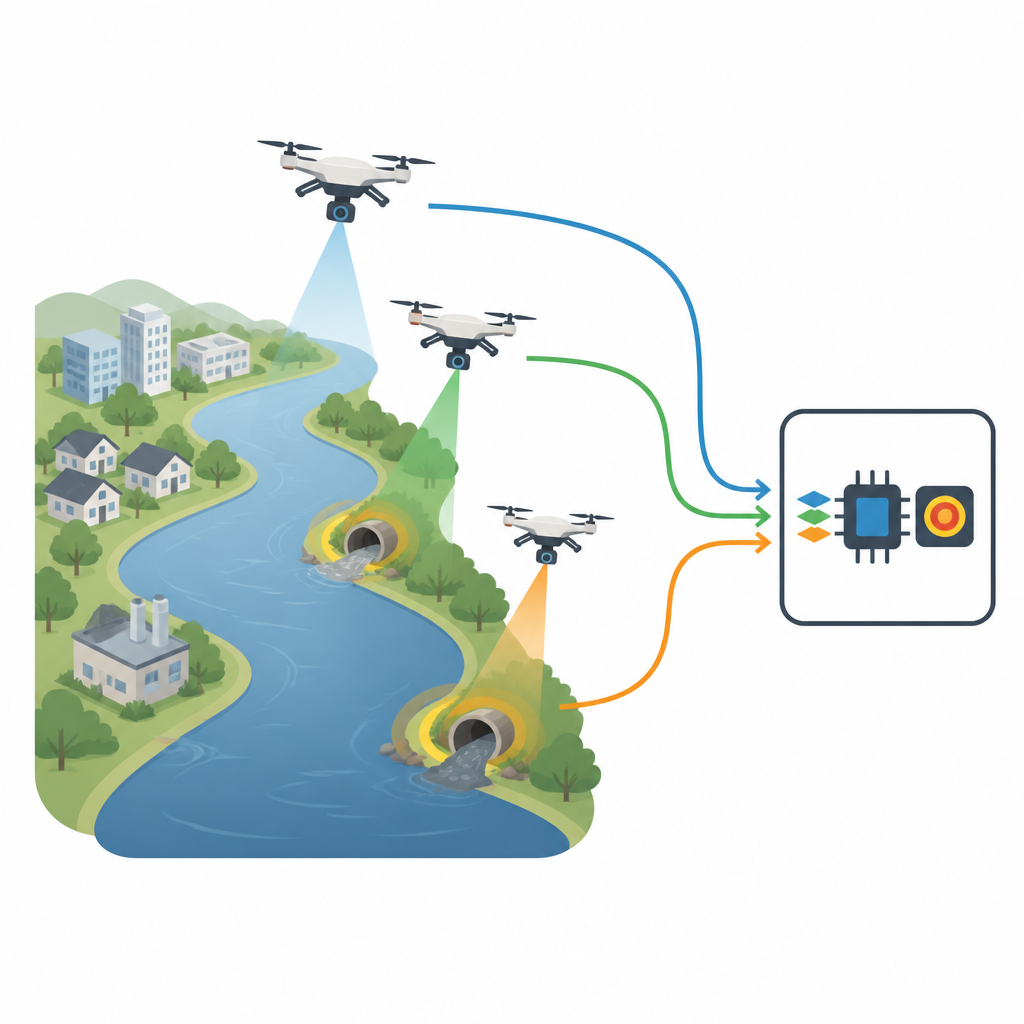 Figure 1. Drones die rivieren scannen om automatisch rioolbuizen die het water vervuilen in realtime te detecteren.