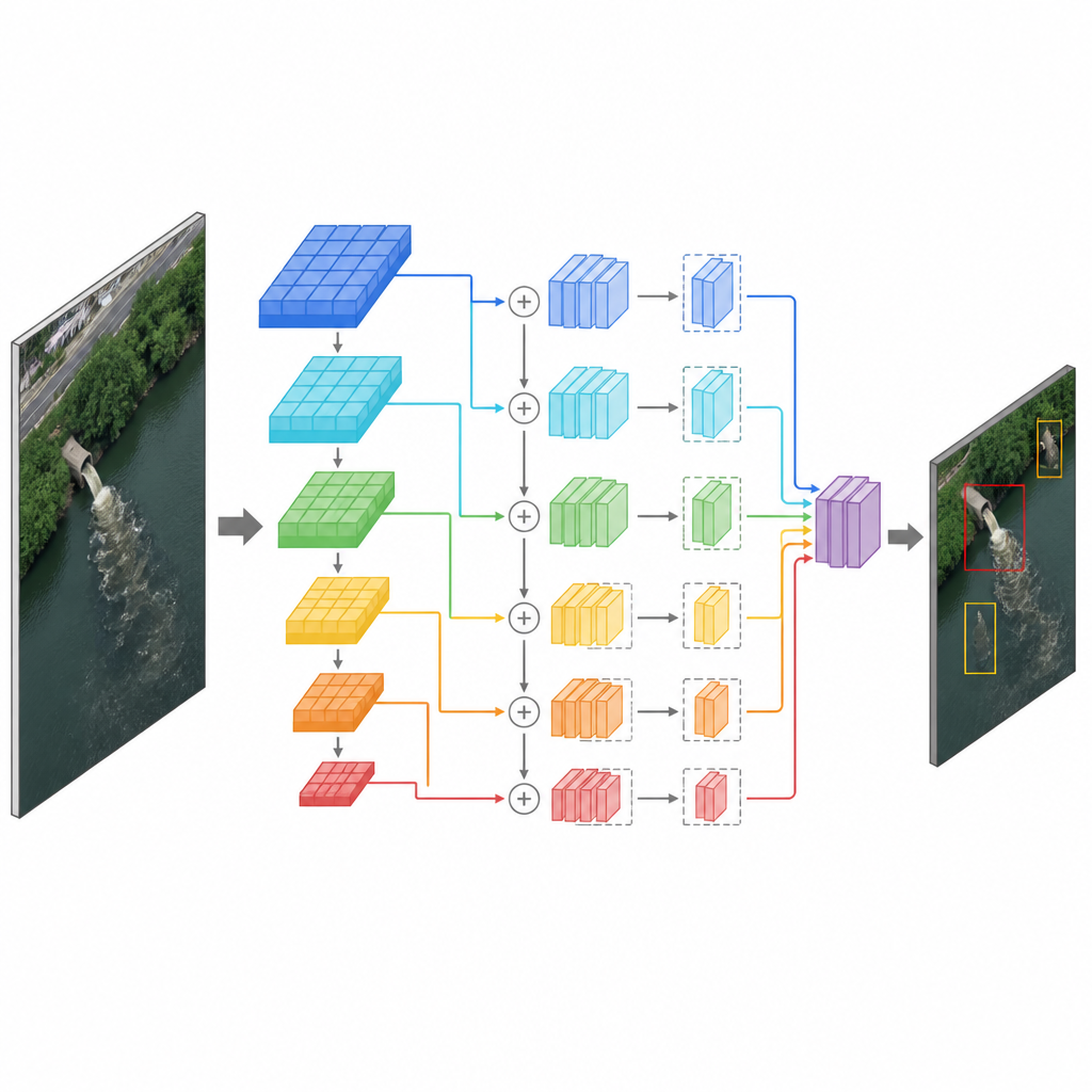 Figure 2. Hoe een compact AI-systeem details op meerdere schalen in beelden filtert om snel riooluitlaten op een drone te markeren.