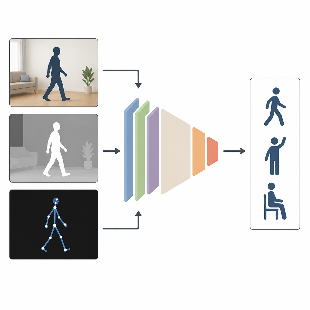 Figure 1. Hoe het combineren van camera-, diepte- en lichaamskogelzichten computers helpt menselijke acties betrouwbaarder te herkennen.
