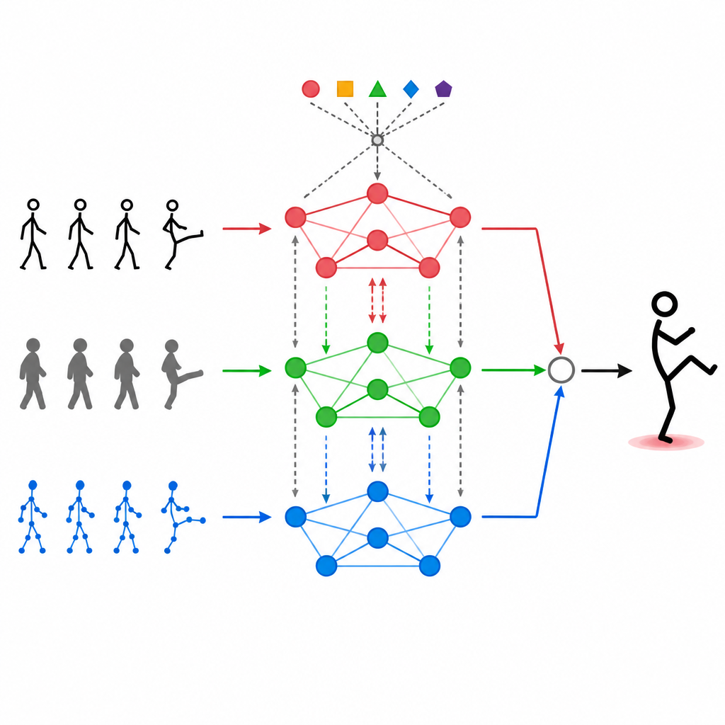 Figure 2. Hoe een adaptief lichaamsknooppunten-netwerk en aandacht informatie over sensoren heen delen om iemands beweging te identificeren.